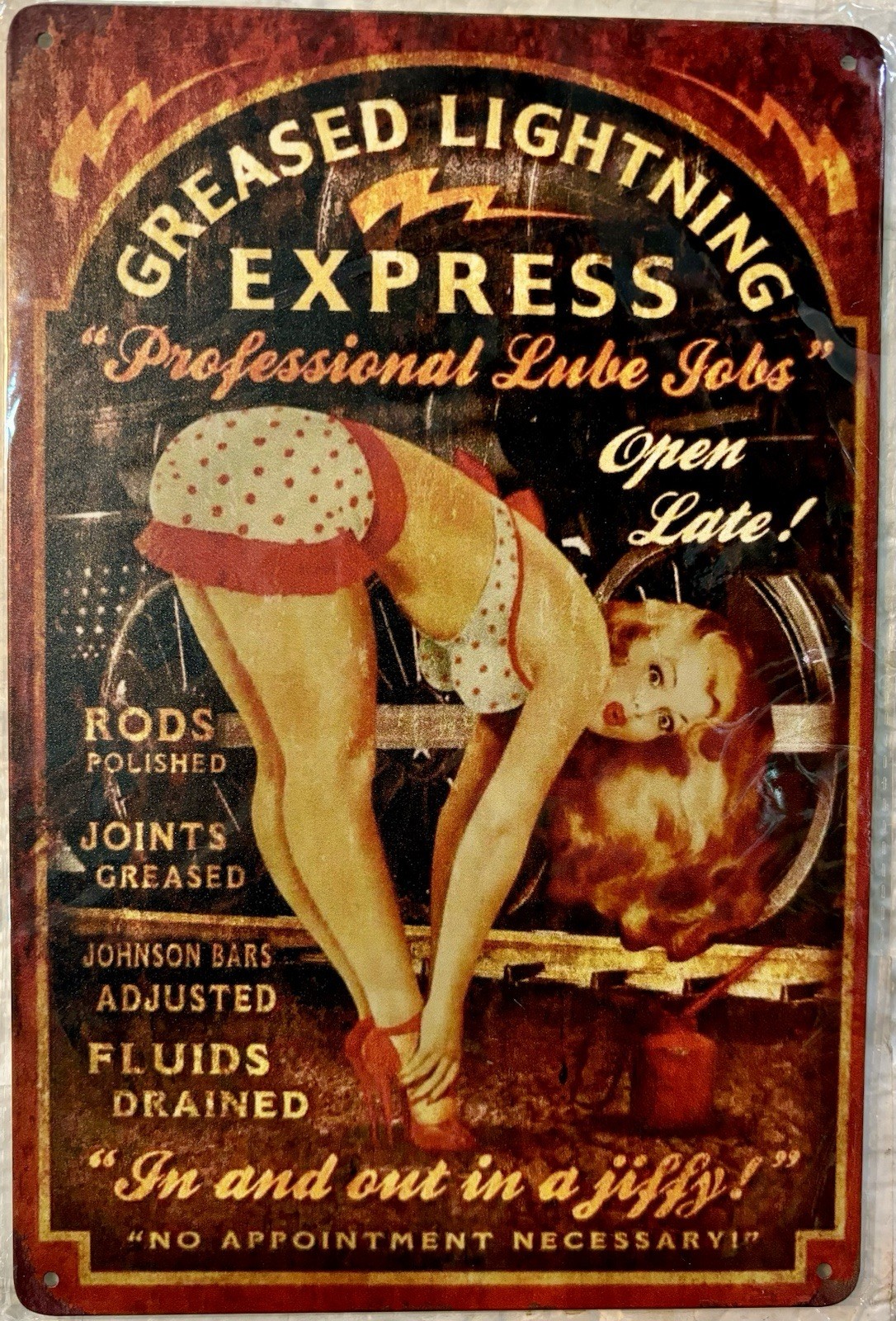 TIN SIGN 8×12 Grease Lightning Sexy Girl Mechanic Auto Shop Car Garage Funny DD4