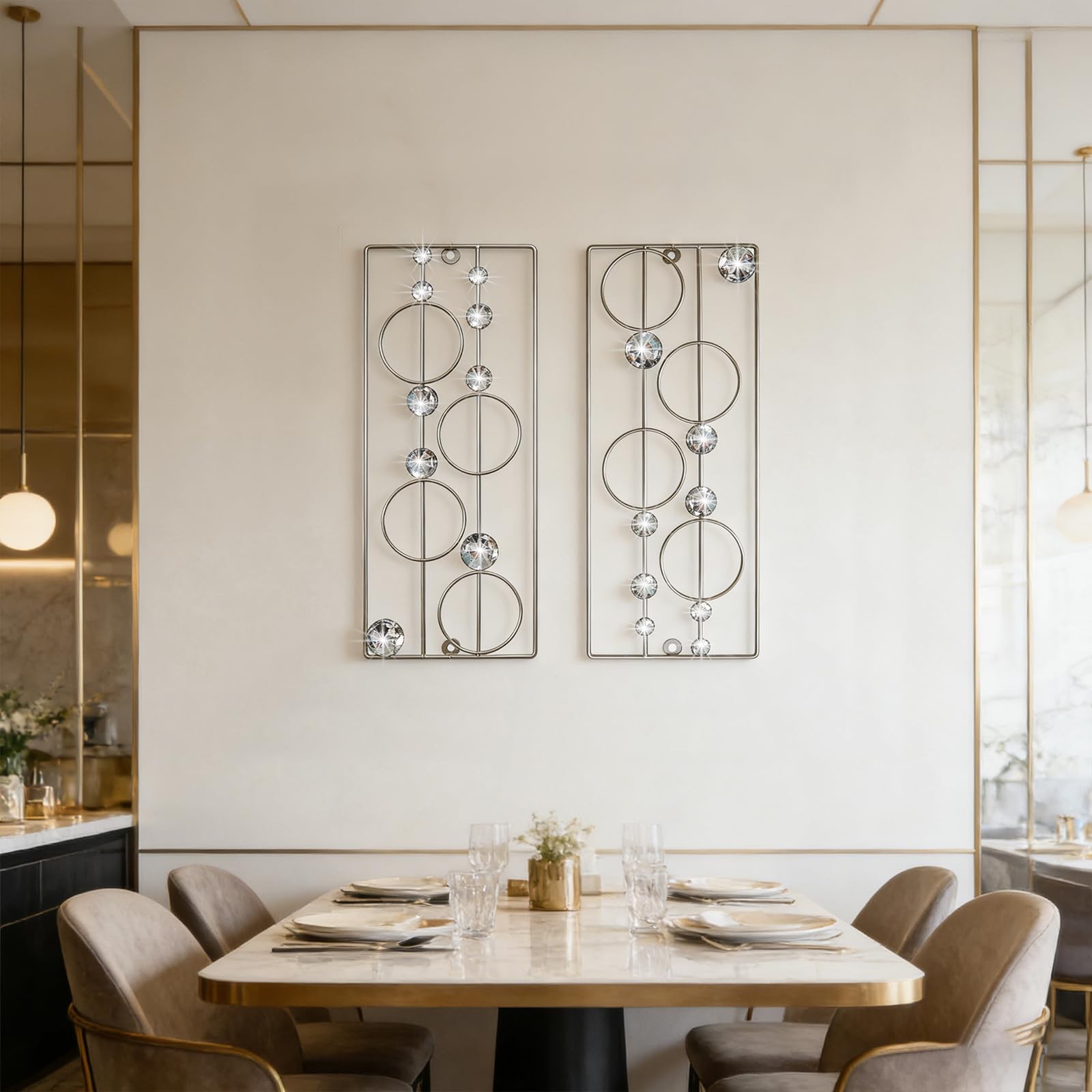2 PCS Bling Abstract Metal Wall Art Minimalist Jeweled Crystal Geometric Decor