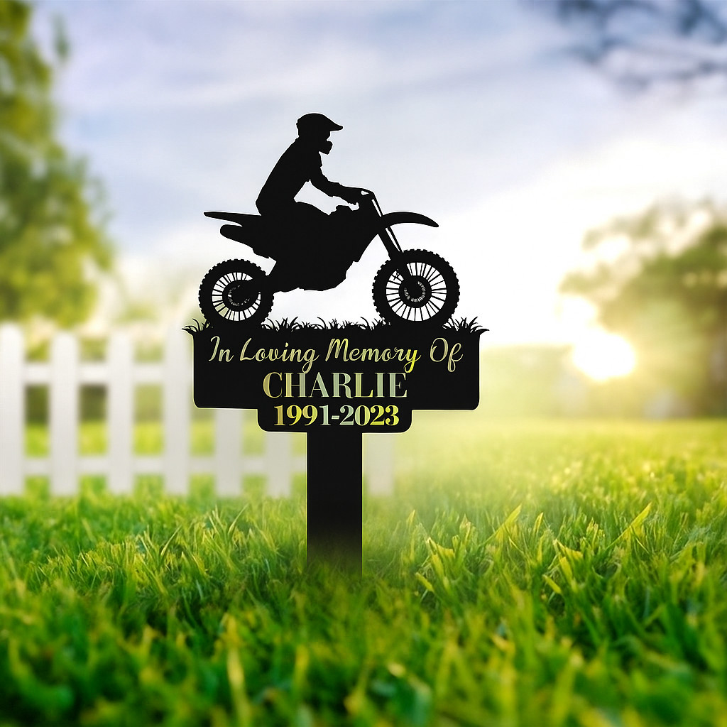 Personalized Biker Memorial Sign, Motorcycle Grave Marker, Outdoor Metal Stake