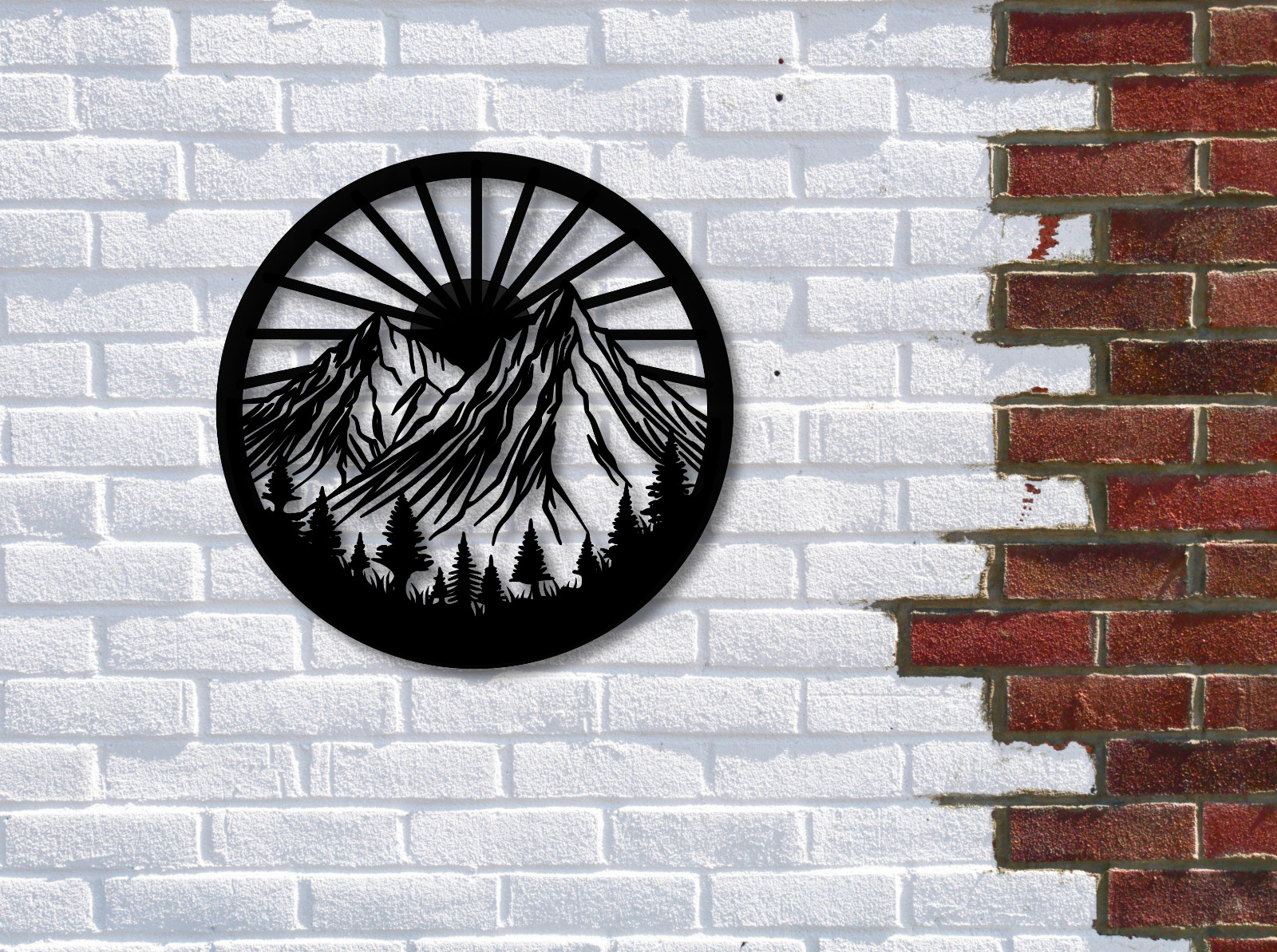 Mountain Metal Wall Art – 31″ Forest Decor, Black Outdoor Artwork, Nature Scene