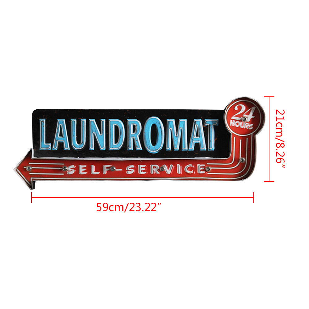 Vintage LED Light Metal Hanging Sign LAUNDROMAT Laundry Shop Art Wall Decoration
