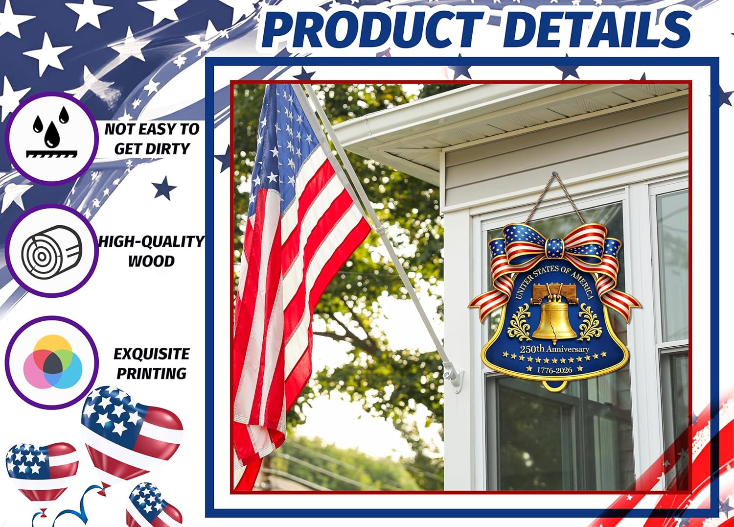 250Th Anniversary Door Wreath, Vintage Liberty Bell Patriotic Wooden Sign for Fr