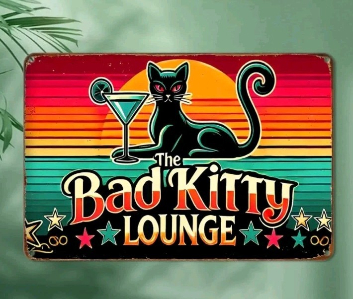 Vintage Retro Black Cat Martini Tin Sign Bad Kitty Lounge Metal Wall Decor 8×12