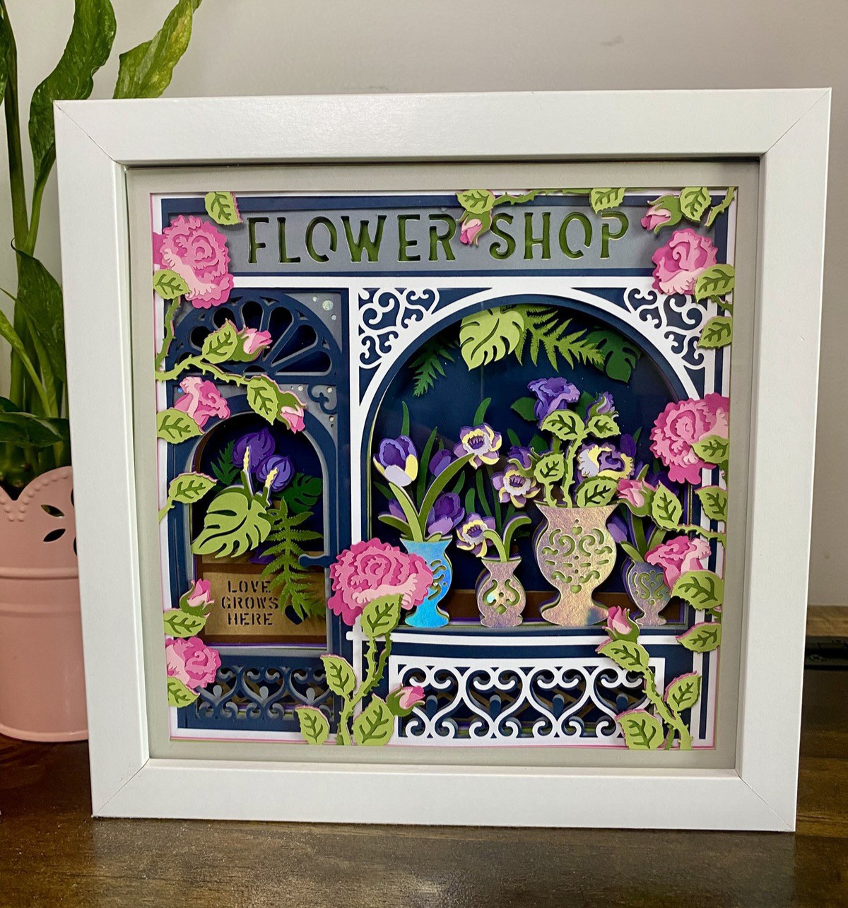 3D Flower Shop Plants Botanical Shadow Box 8×8 Gift Wall Art Handmade Decor