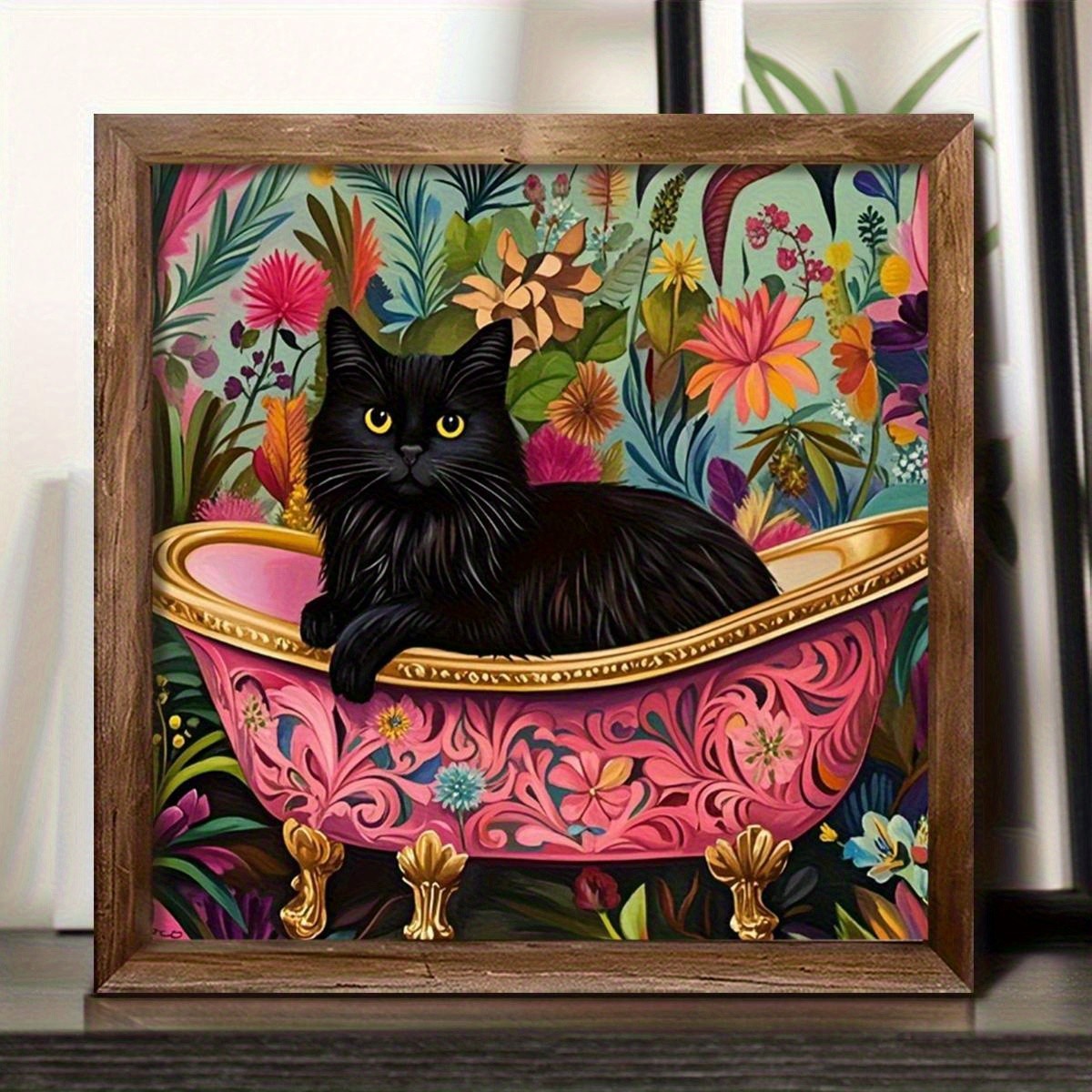 2D Rustic Wooden Black Cat & Floral Bathtub Sign Wall Art Home Room Office Decor
