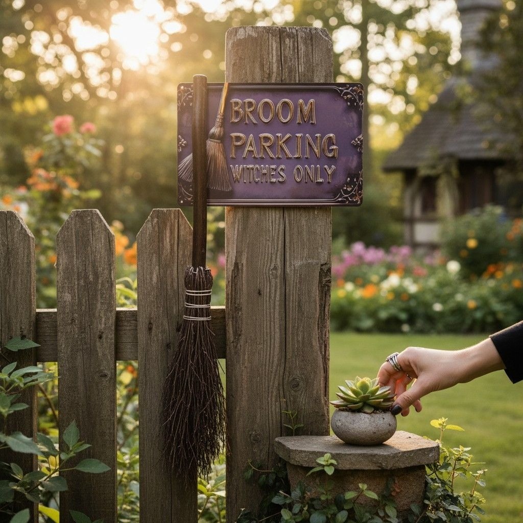 Broom Parking Witches Only Metal Sign – 12×8 Purple Gold – New