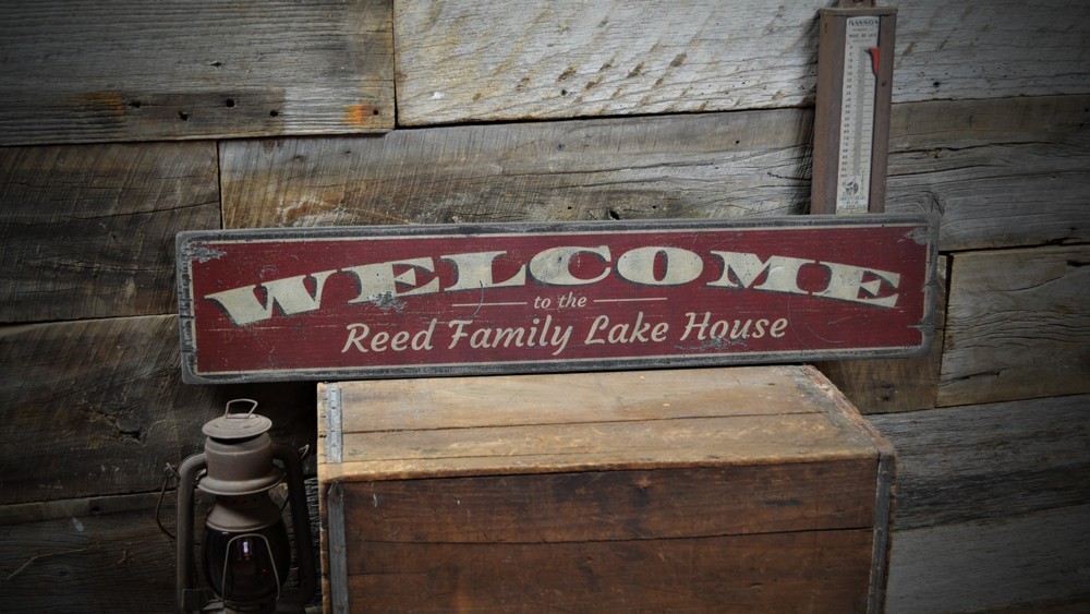 Custom Family Welcome Lake House Sign – Rustic Hand Made Vintage Wood
