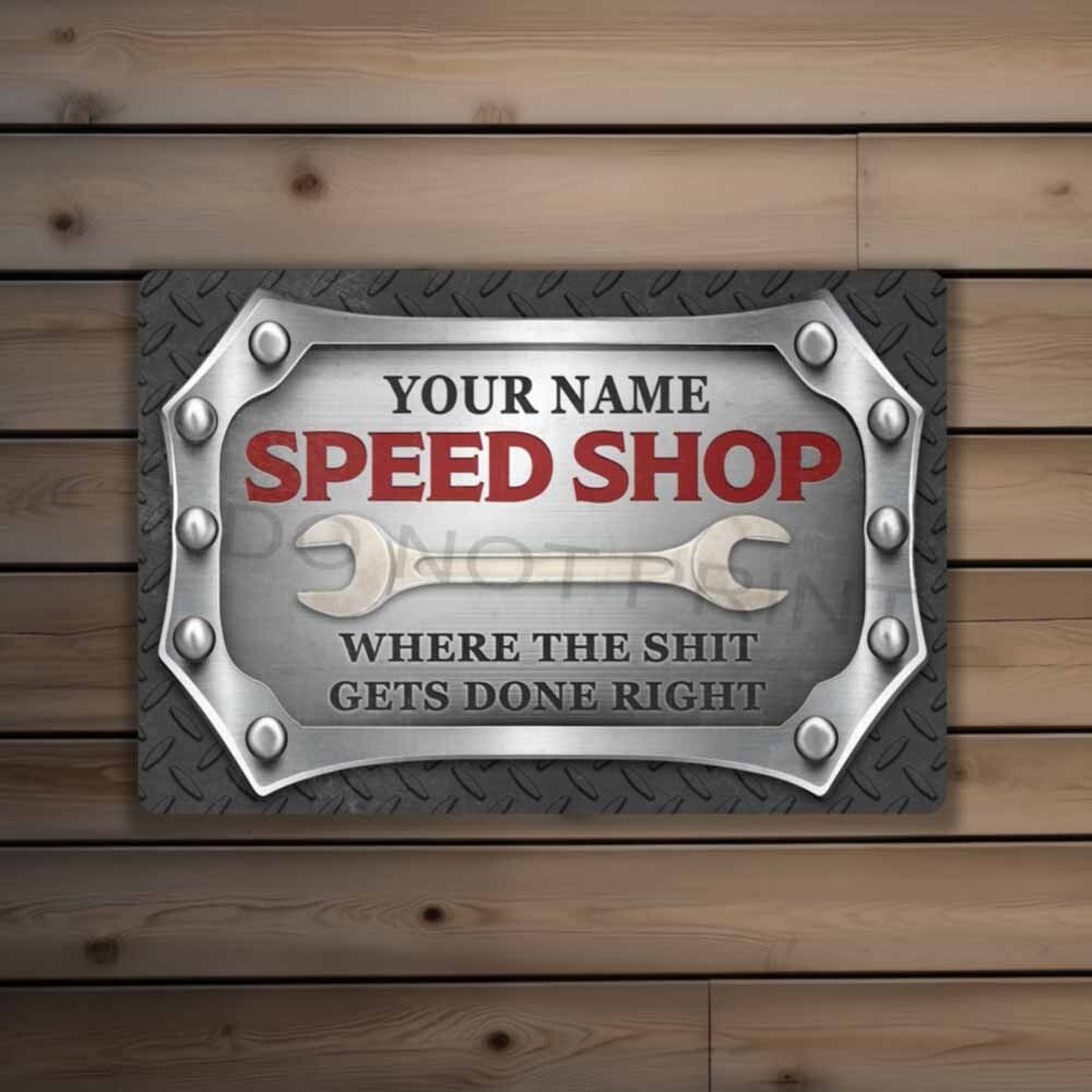 Personalized Gray Diamond Plate Speed Shop sign METAL SIGN or DECAL