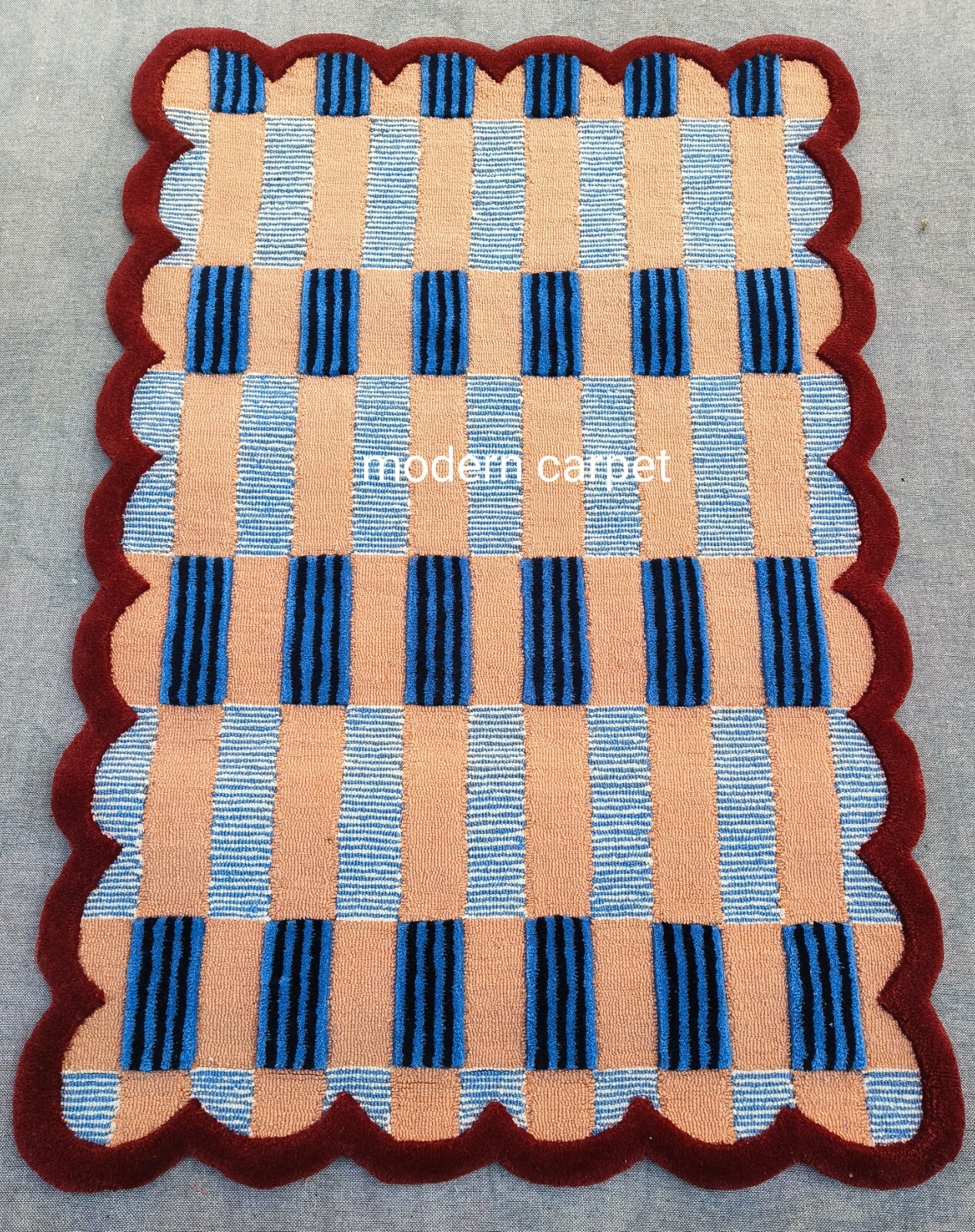 Handmade Checkered Wool Rug Blue Red | Scalloped Geometric Carpet Living Room