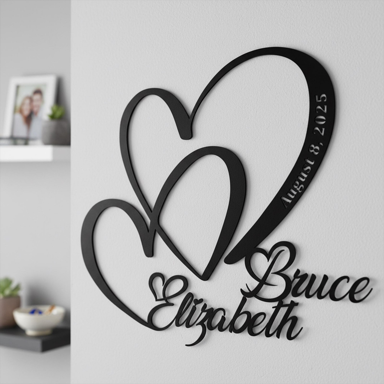 Personalized Double Heart Wall Sign, Custom Couple Name Decor