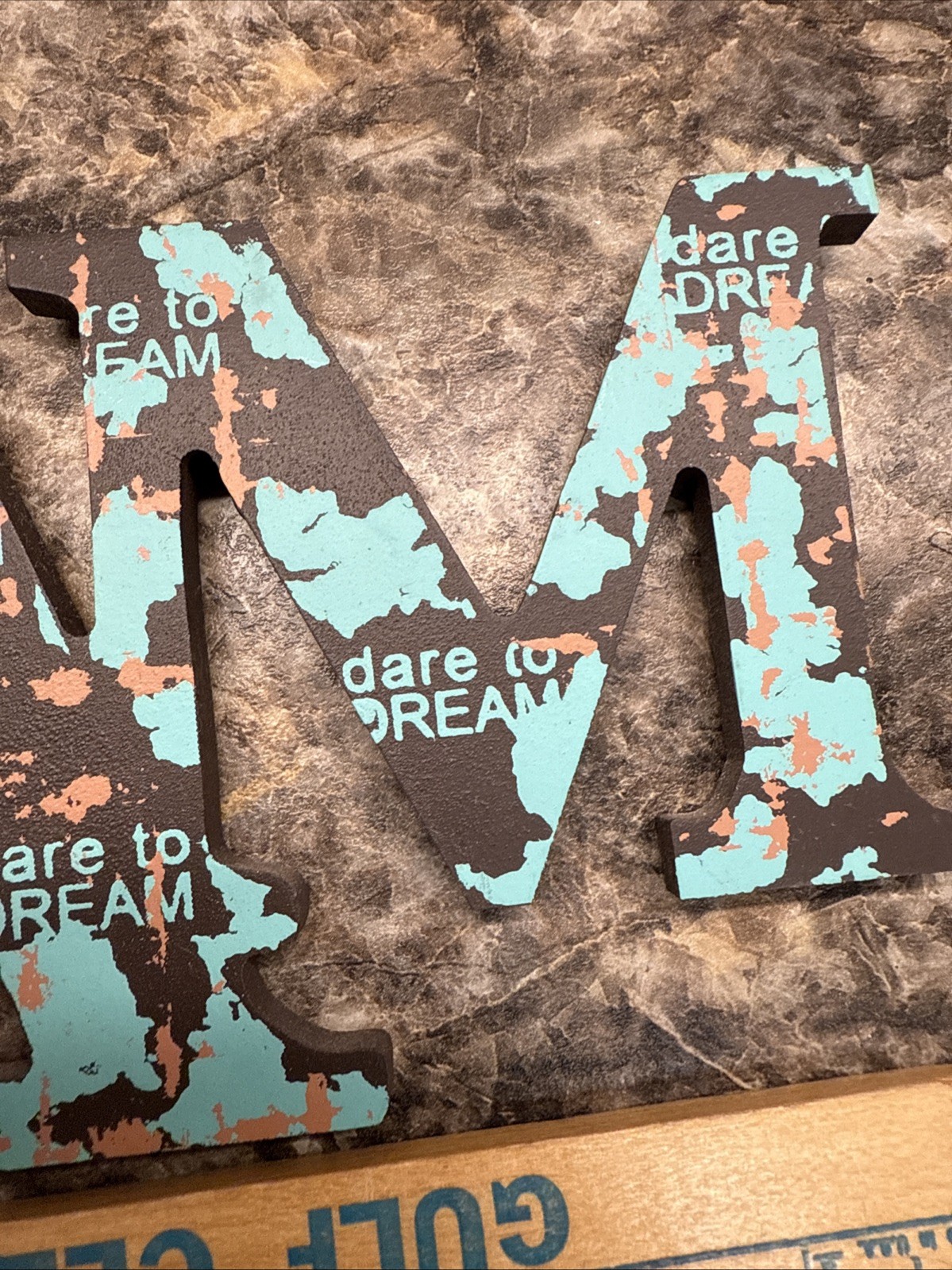 “Dream” Wall Decor Teal Brown Pinkish Metal Accent 2014 14 X 6.5 MDF Wood
