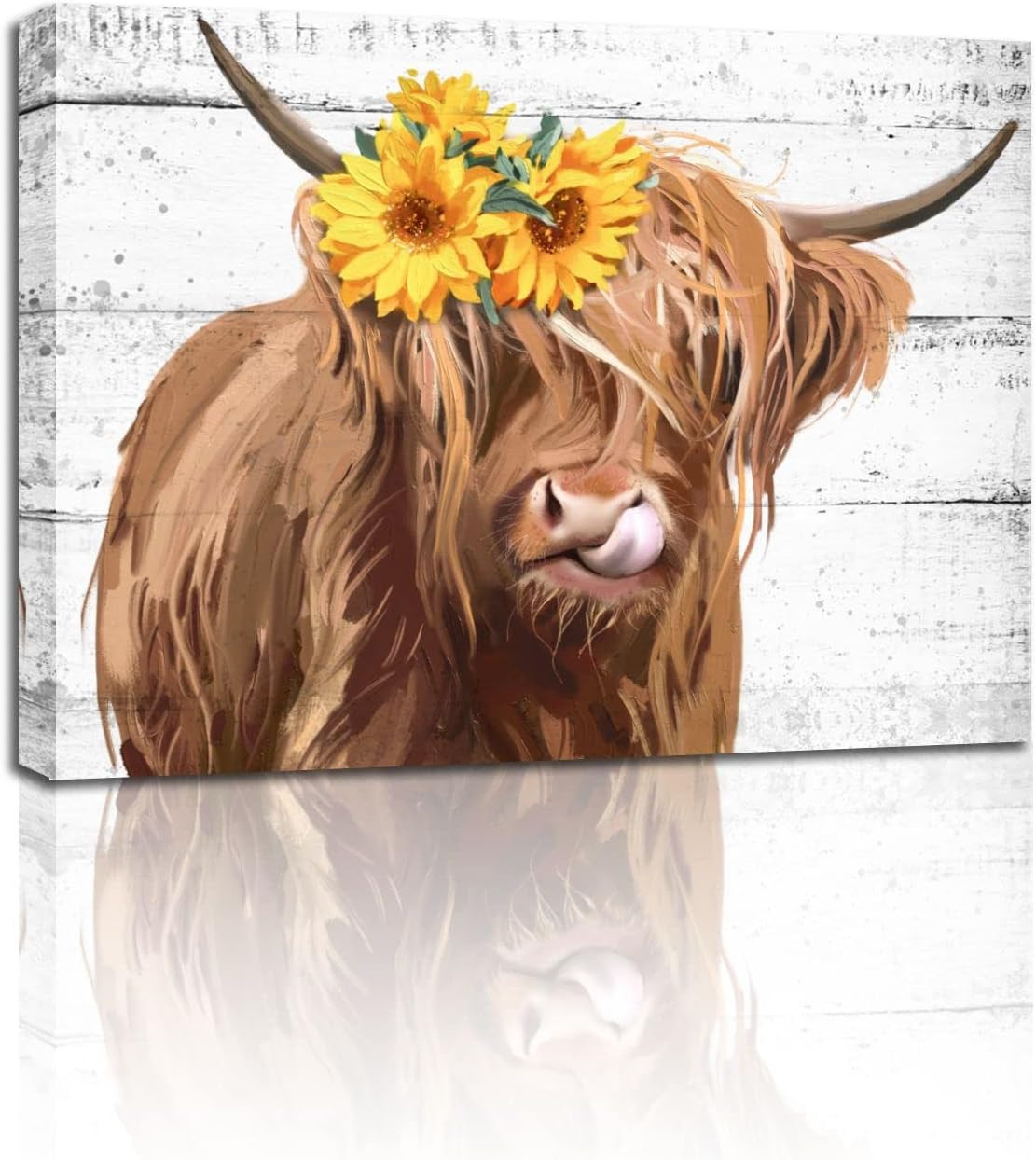 Highland Farmhouse Cow with Sunflowers Wall Decor – Rustic Cute Brown Cattle Pos