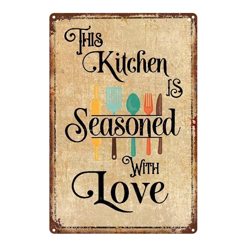 Retro Kitchen Metal Sign distressed elegant swirl font for pantry doorway walls