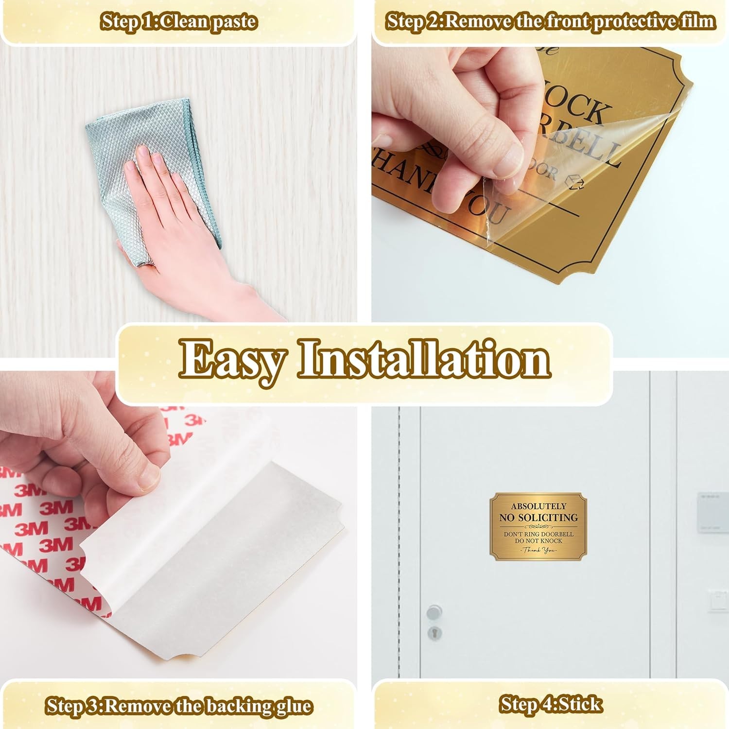 Brushed Gold No Soliciting Door Sign – Easy Install 6″ x 4″ for Home & Office