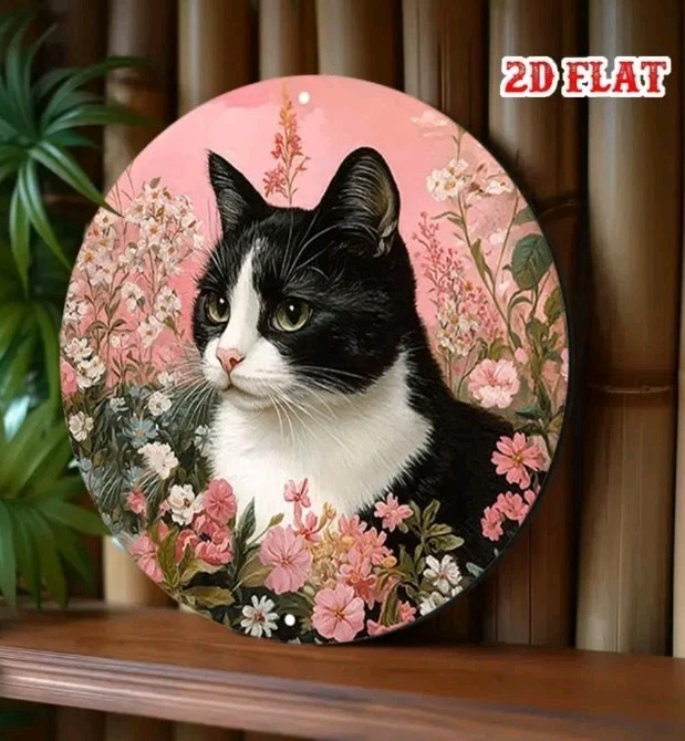 Black White Cat Pink Flowers Round Metal Sign 8″ Aluminum Wall Decor