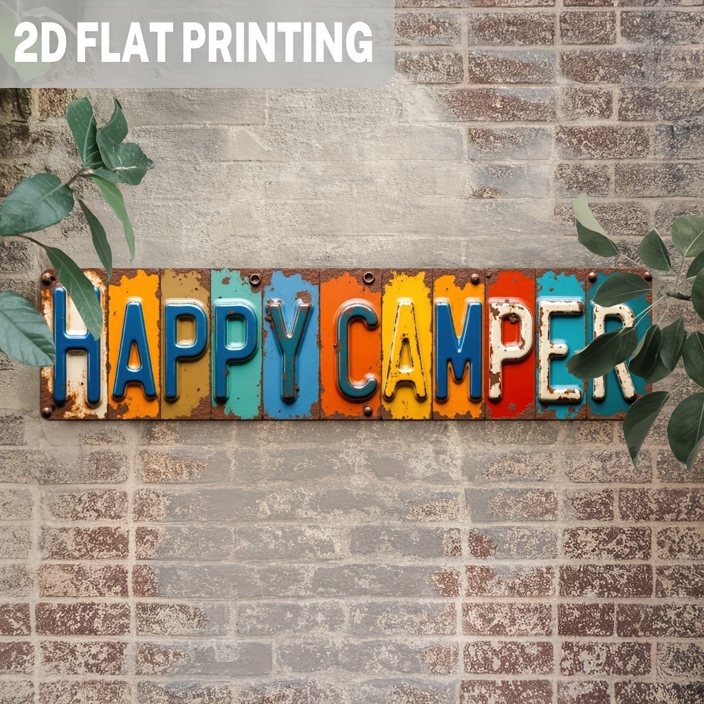 Multicolor Rust Happy Camper Metal Sign Vintage License Plate Style Decor Plaque