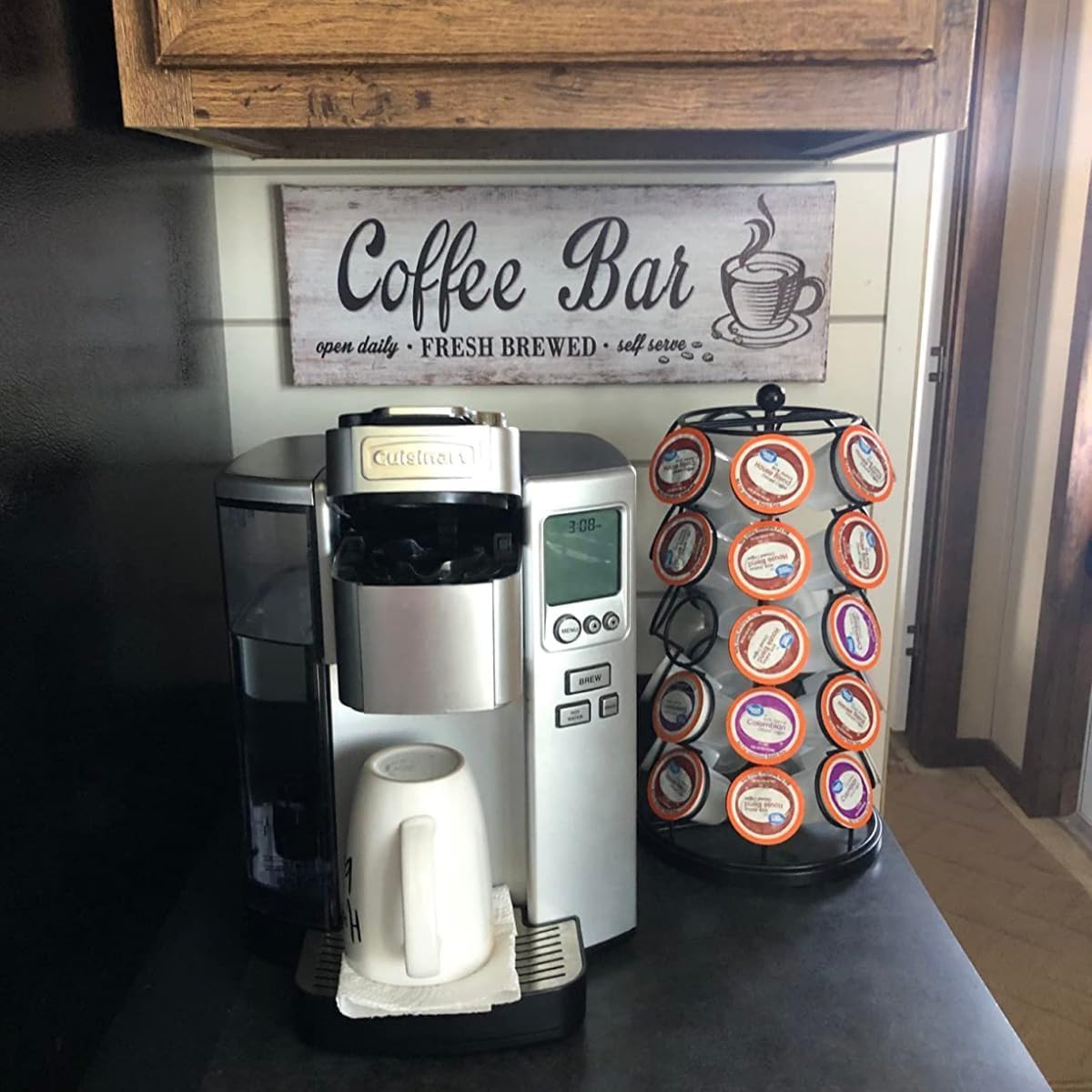 Rustic Wood Grain Coffee Station Decor – Retro Coffee Bar Signs for Kitchen – Se
