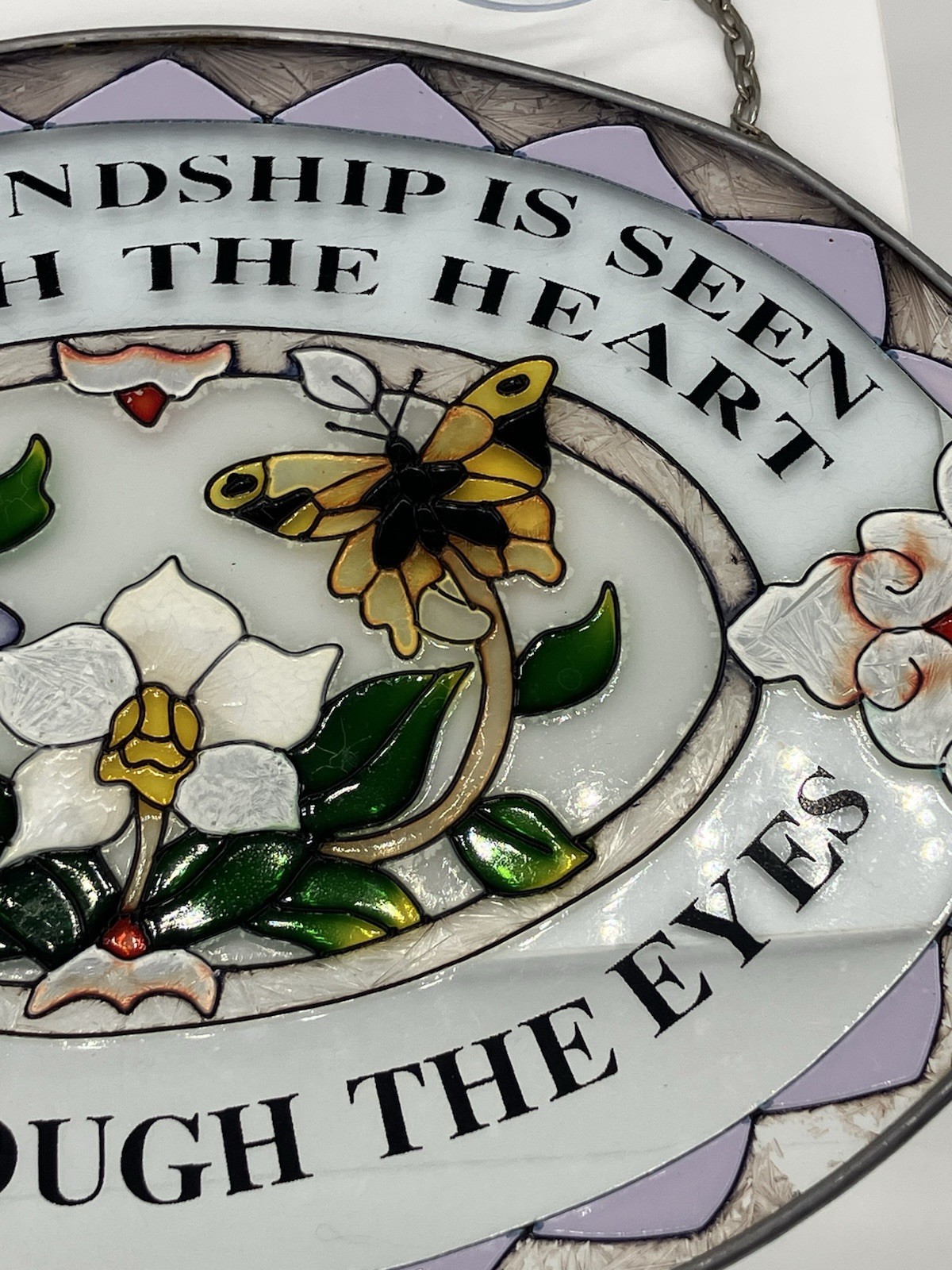 Vtg Butterfly Flower Stained Glass Friendship Plaque Sun Catcher Window Cottage