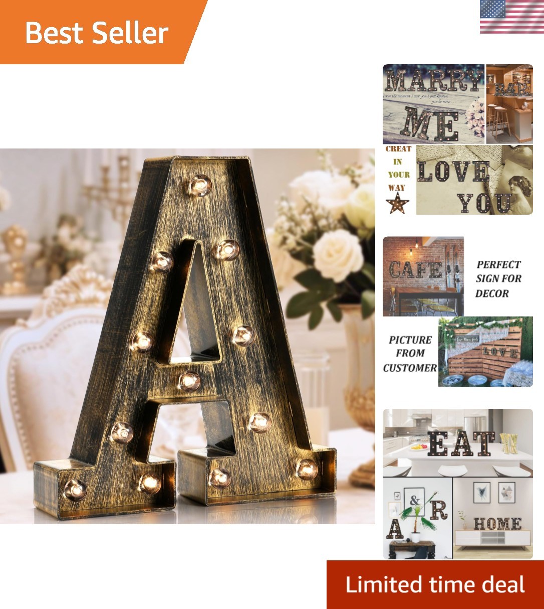 Light Up Your Space: Golden Black Industrial Alphabet A for Home & Parties