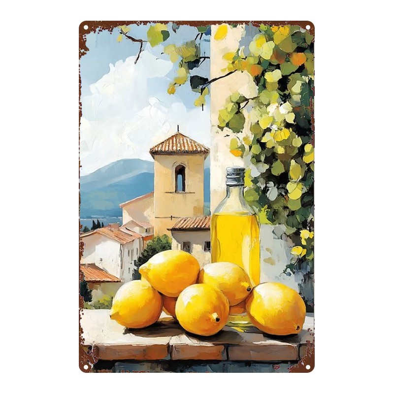 Metal Landscape Sign Lemon Olive Oil Vintage Wall Art 8×12 Inches