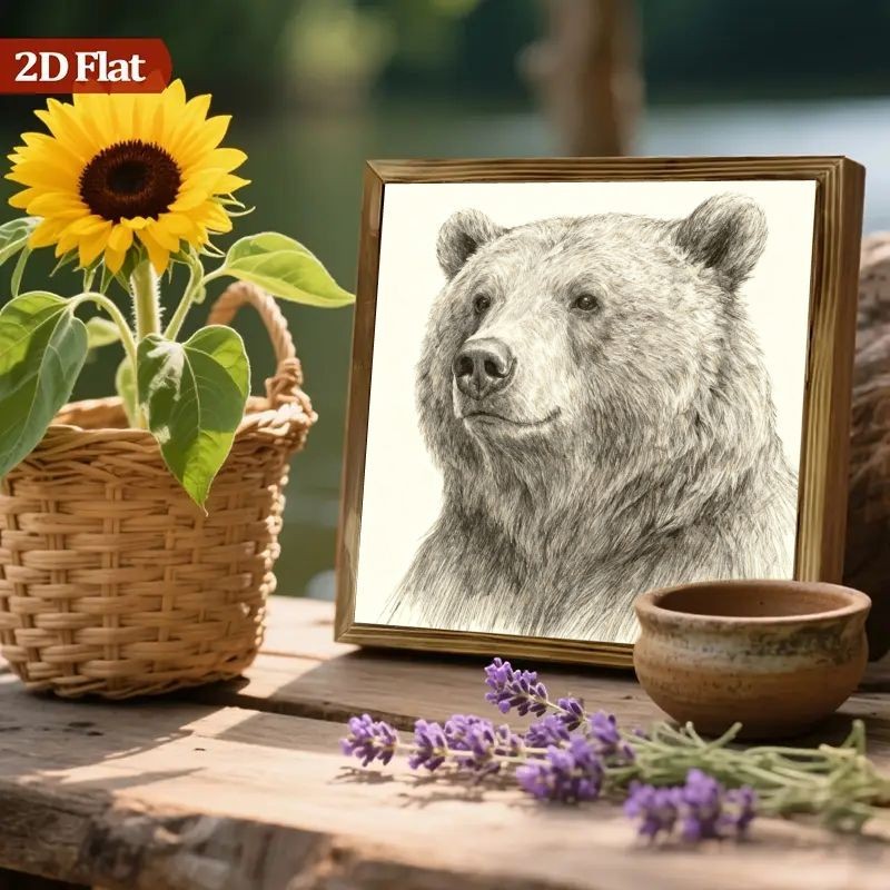 Rustic Bear Portrait Wooden Framed Sketch Art Farmhouse Living Room Decor