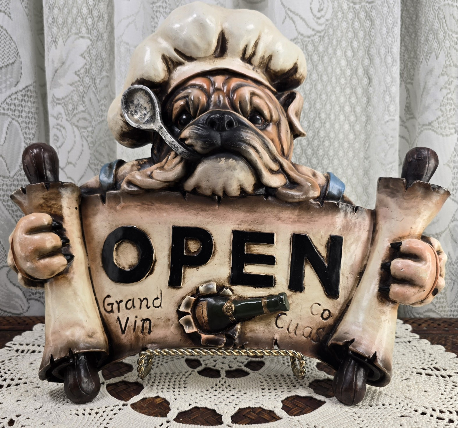 Bulldog Chef OPEN Hanging Wall Mounted Resin Sign Plaque Decor 15 x 13 in