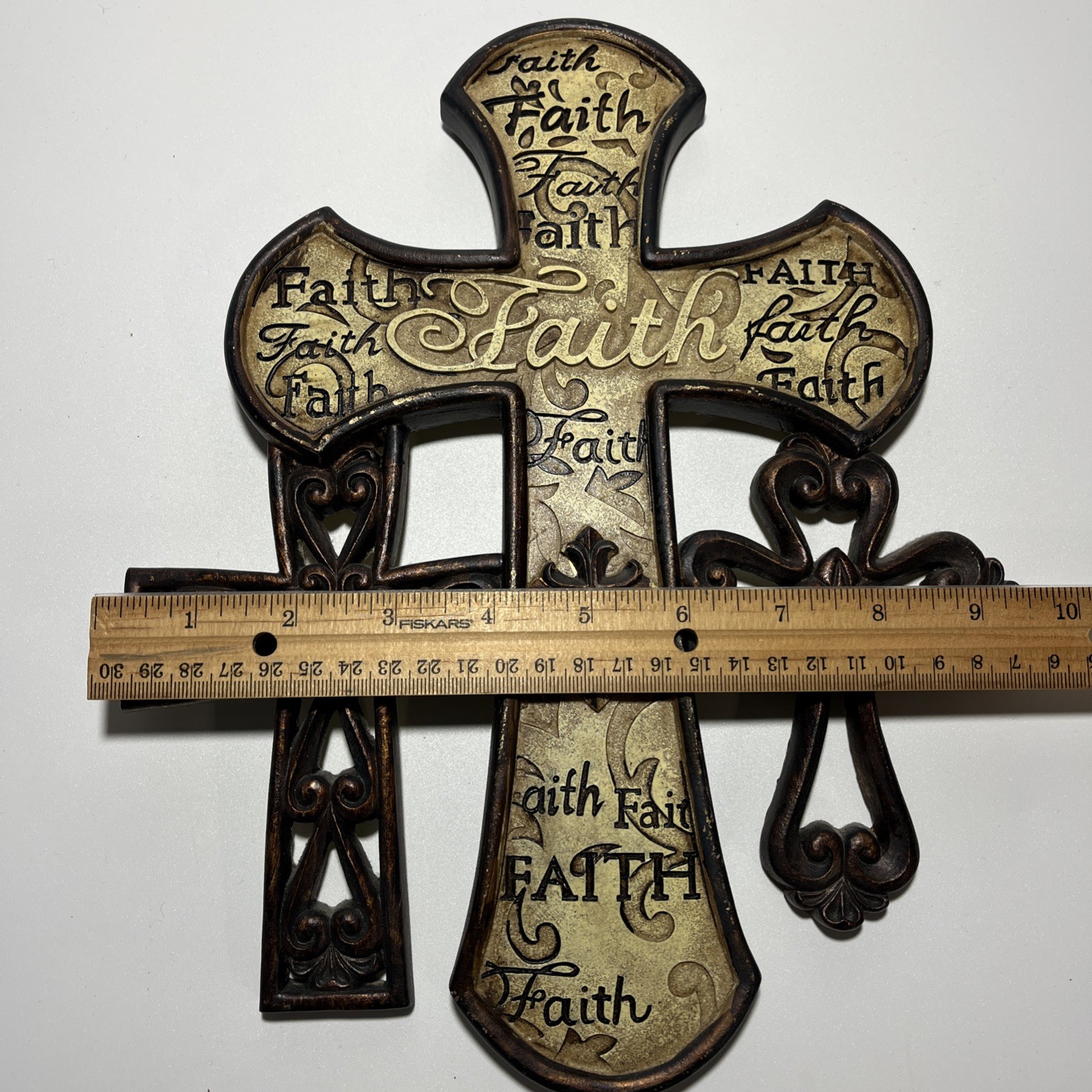 Ceramic Beige & Brown Faith Cross Christian Religious Rustic Wall Art Decor