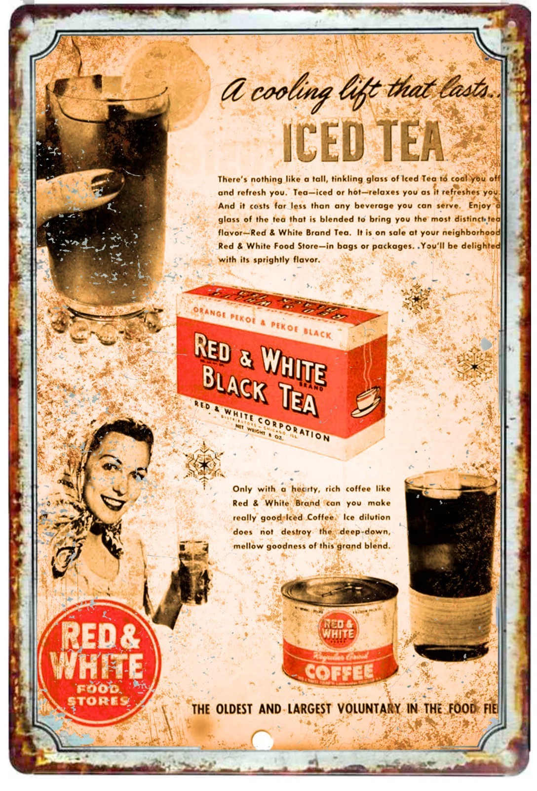 Red and White Black Tea Vintage Advertising All Metal Tin Sign 8 x 12