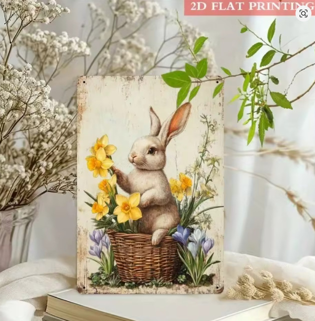 French Country Farmhouse Wall Decor Spring Bunny Floral Metal Wall Sign 8×12