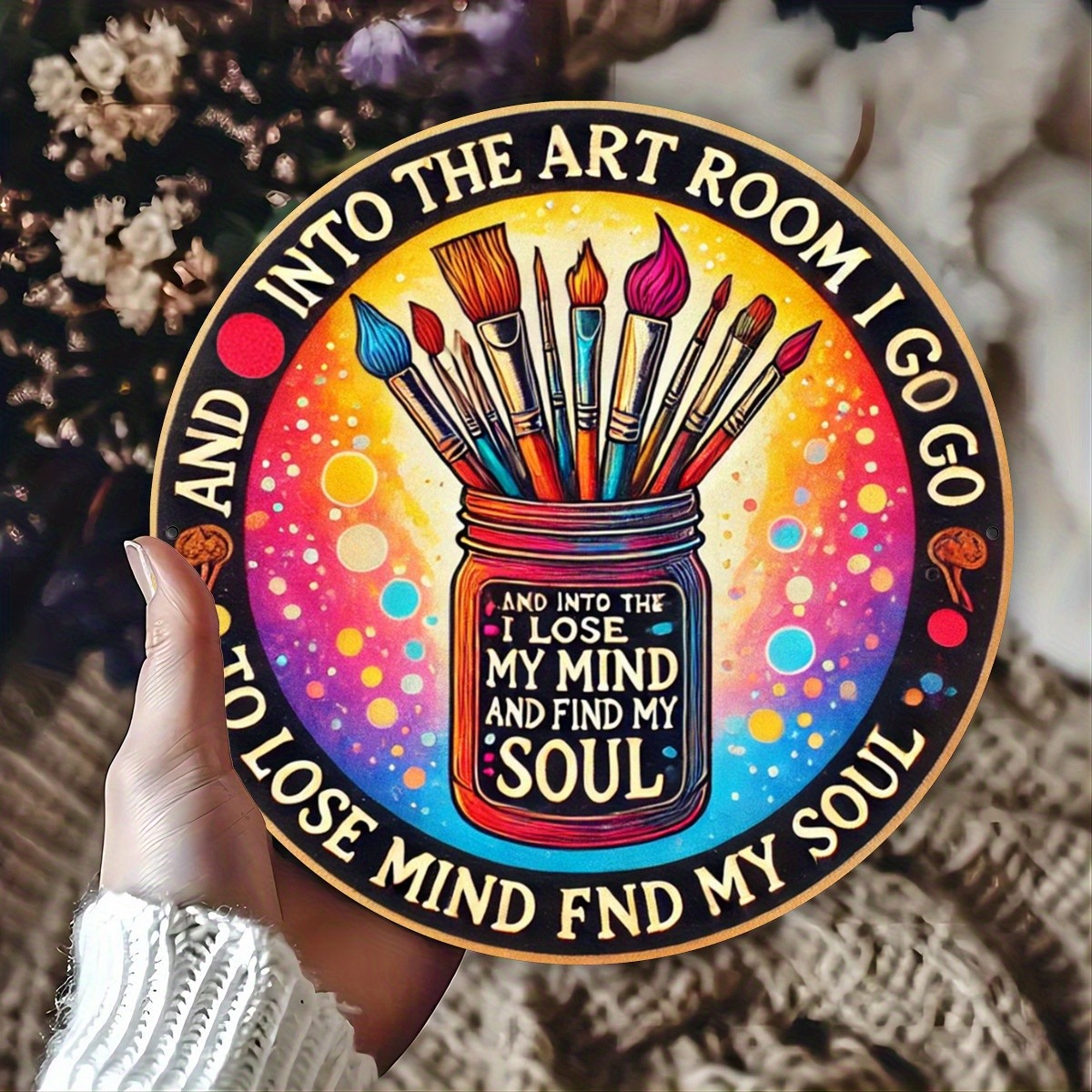 Art Studio Themed Round Tin Metal Signs, 8×8 inches, Flat Printed Iron Wall Art,
