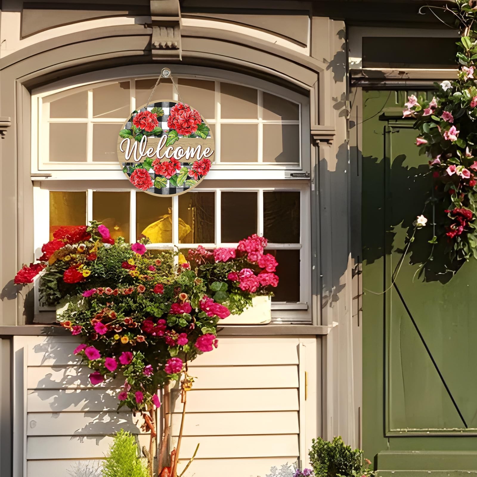 Welcome Spring Summer Geranium Flower Front Door Sign, Red Floral Buffalo Pla…