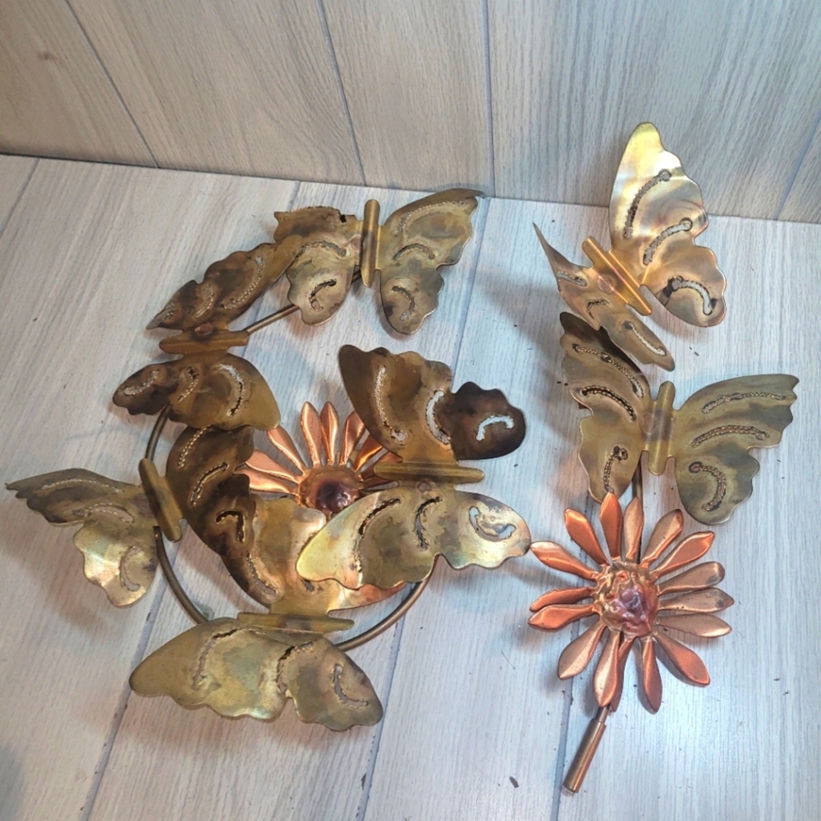 Vtg Brass Copper Butterfly & Daisy 2 Piece Gallery Wall Art Decor MCM Farmhouse