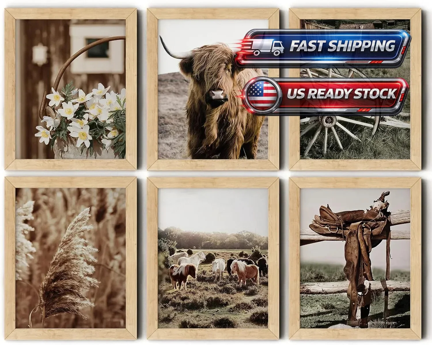 Highland Cow Bathroom Wall Art Prints, Rustic Decor, Unframed, 8X10 Inches, 9 Pc