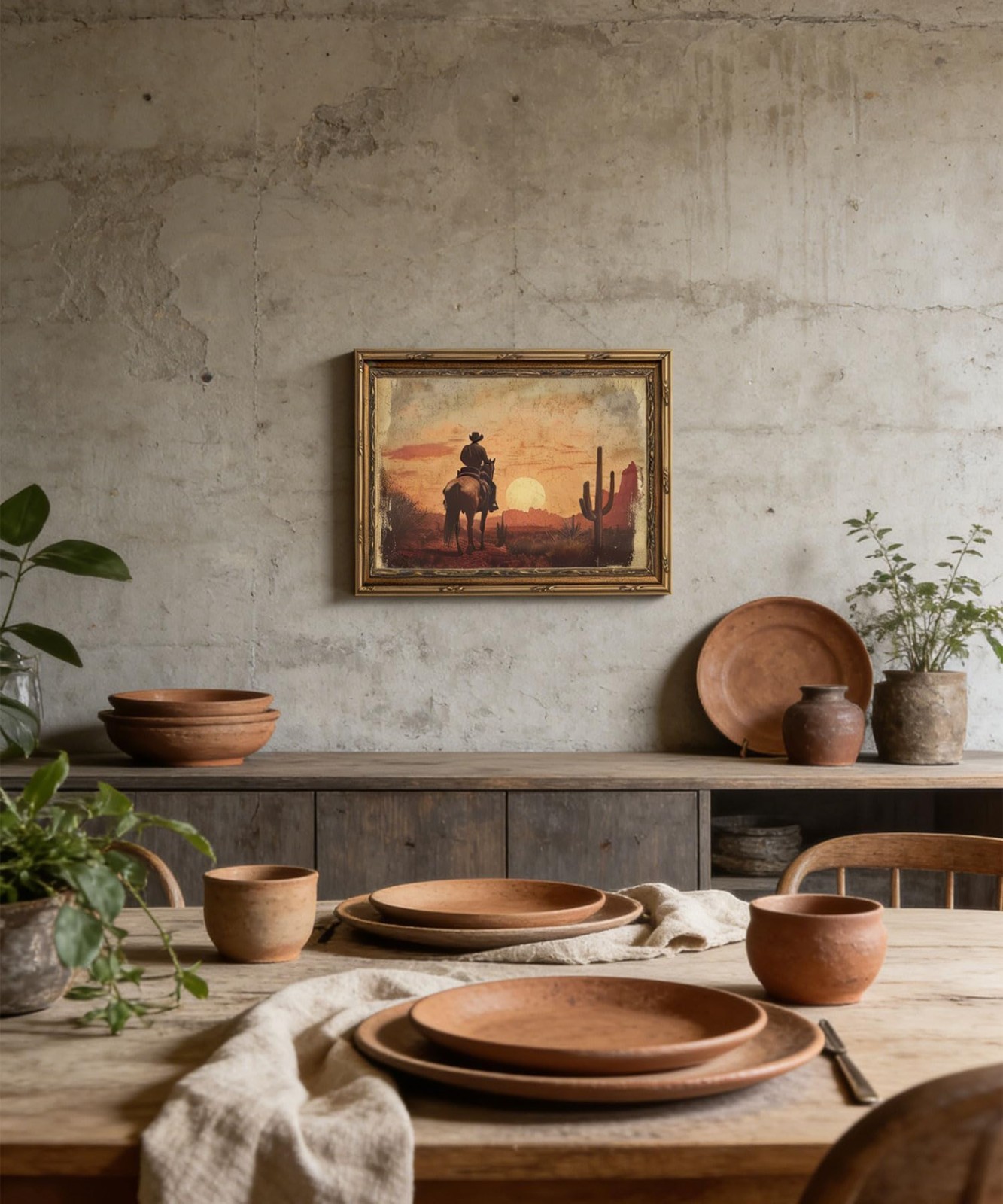Vintage Gold Framed Cowboy Wall Art – Rustic Desert Sunset Horse Canvas Print 9x