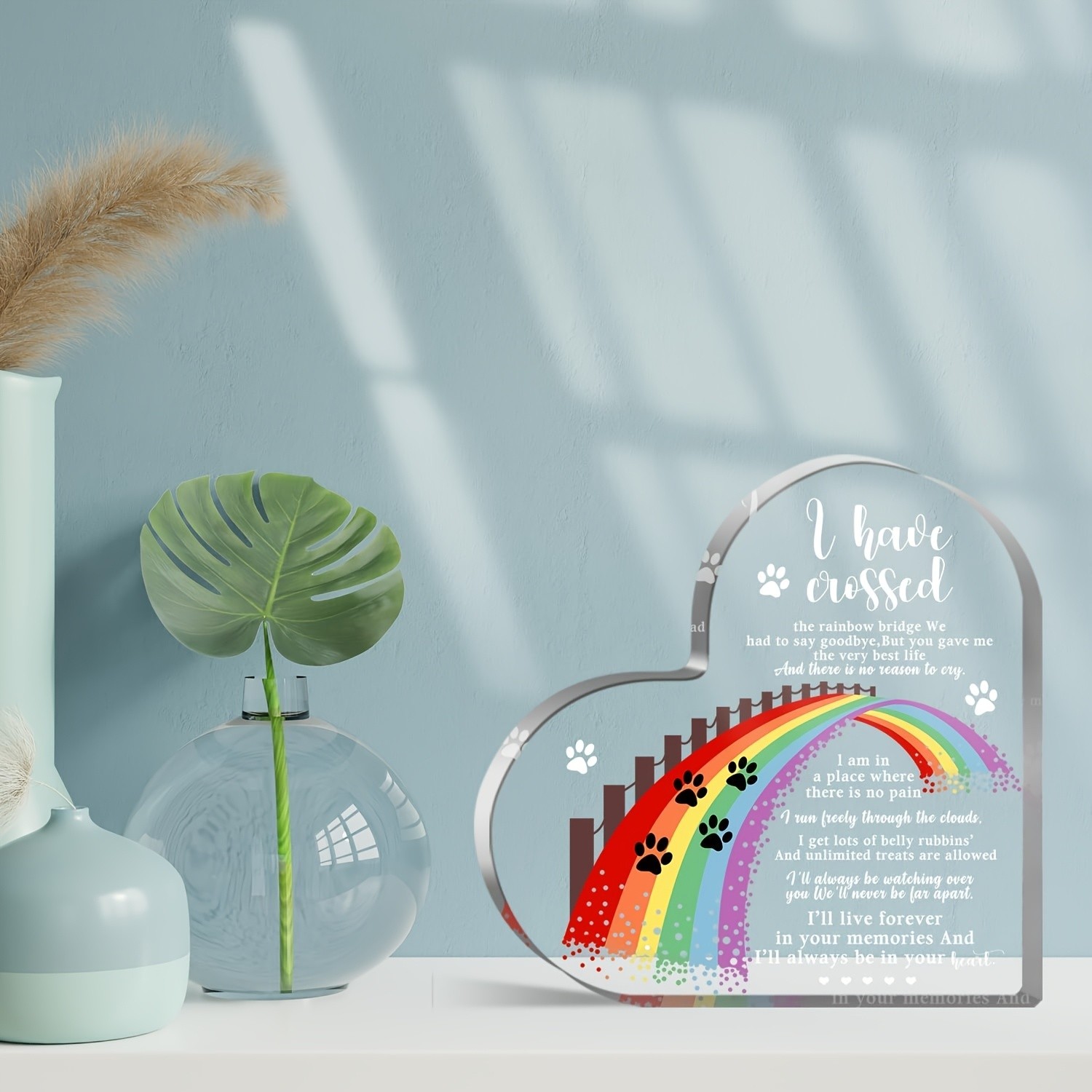 Rainbow Bridge Pet Memorial Acrylic Heart Plaque Dog/Cat Loss Remembrance Gift