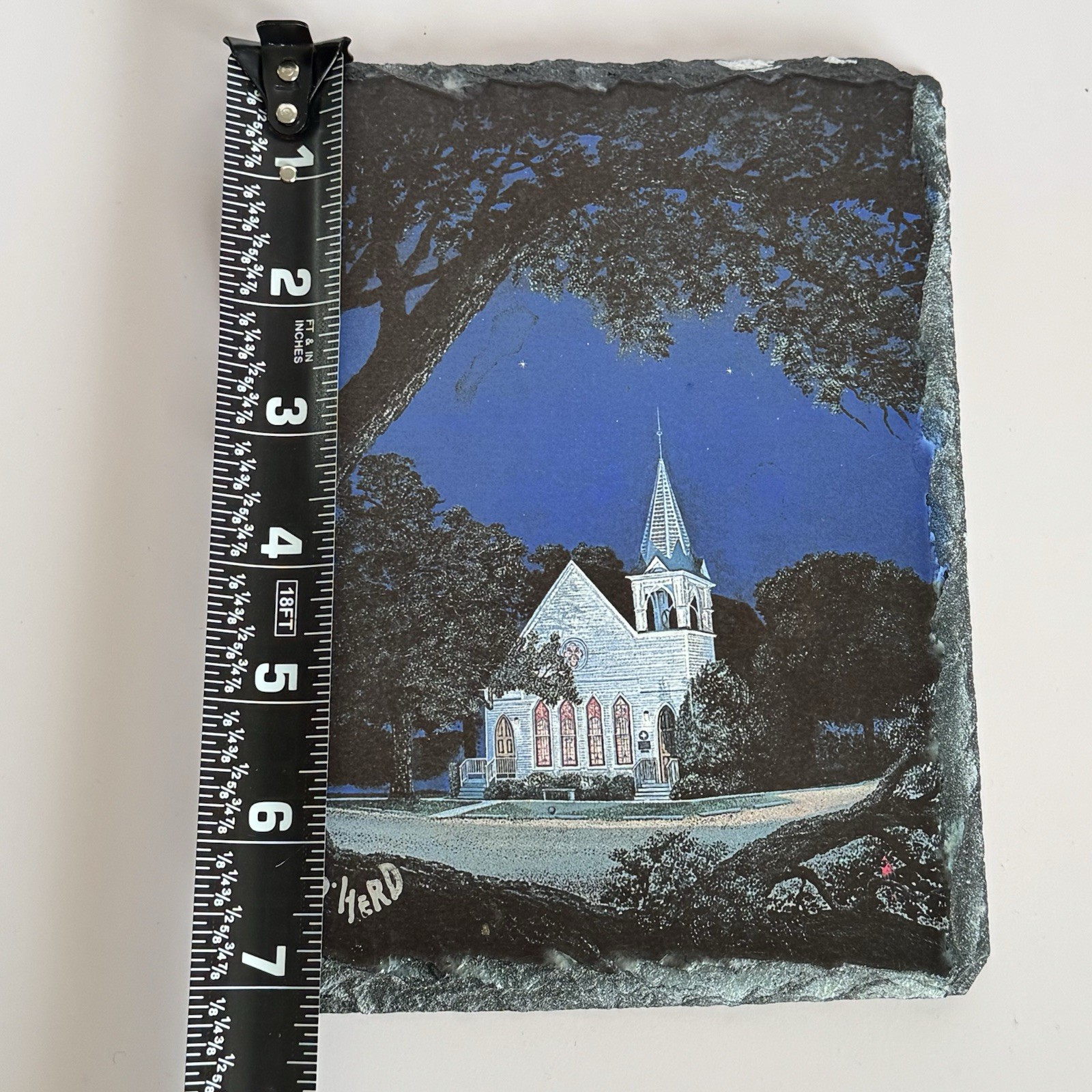 Signed B Herd Slate Art Plaque Church Night Scene Rustic Stone Decor Texas