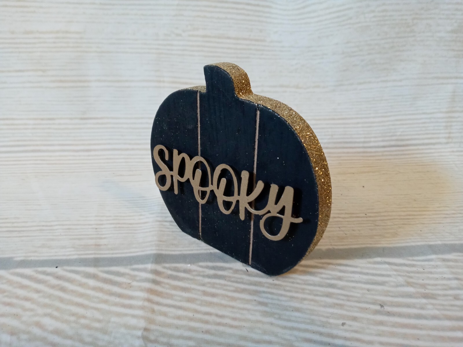 New! “SPOOKY” Glitter Pumpkin Sign FALL Decor Halloween Glam Ghost Black & Gold