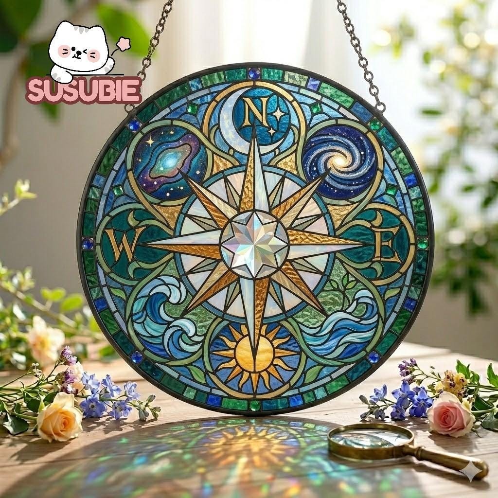 Celestial Compass Stained Glass, Nautical Compass Rose Window Hanging