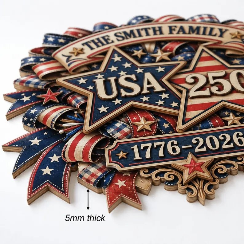 Personalized America 250th Anniversary Wooden Wreath, Patriotic Wood Sign
