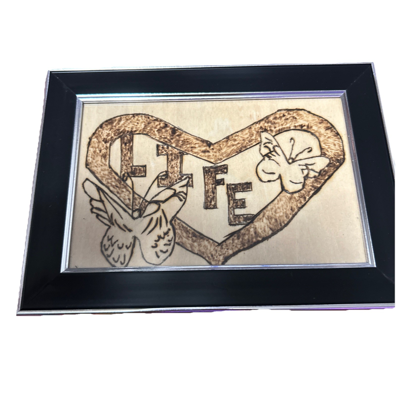 Spiritual Life Heart With Butterflies Wood Burned with 4 X 6 Frame