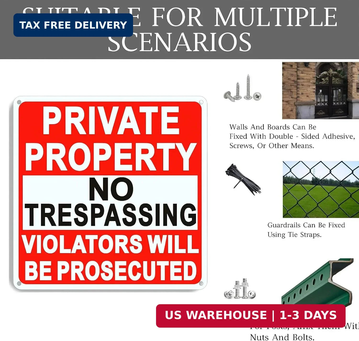 4 Pack Large No Trespassing Signs Private Property, 9.5 Inch X 9.5 Inch Private