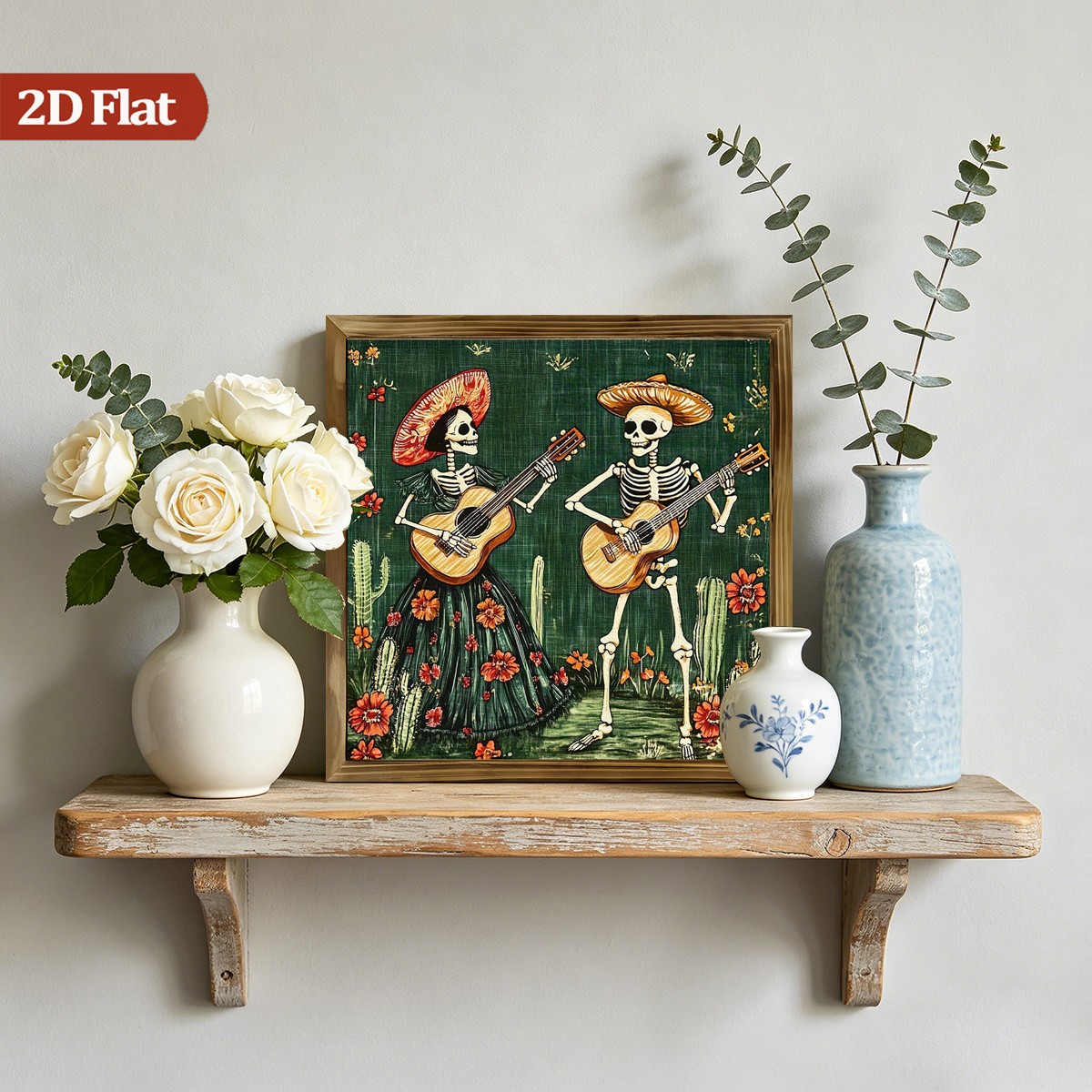 Mexican Day Dead Skeleton Couple Playing Guitar Wooden Plaque Boho Home Decor