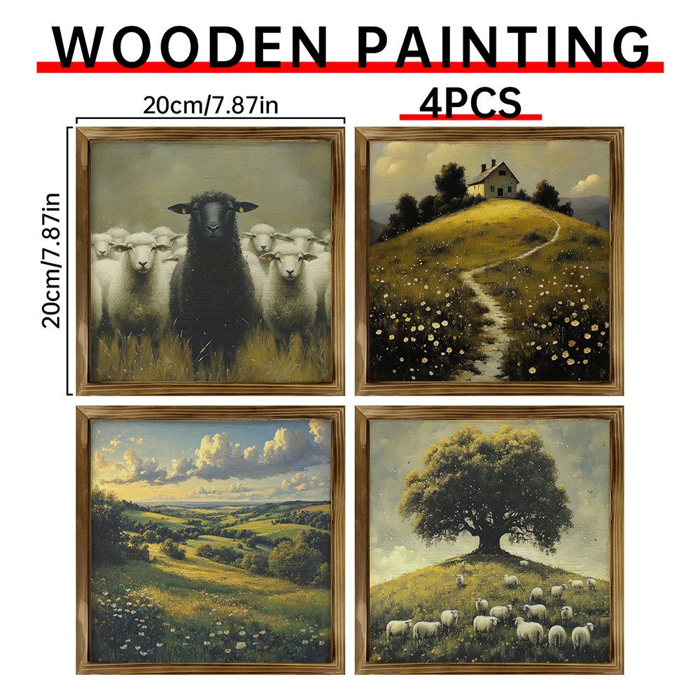 4Pcs Sheep Rural Landscape Framed Wall Art Rustic Living Room Wooden Sign Gift