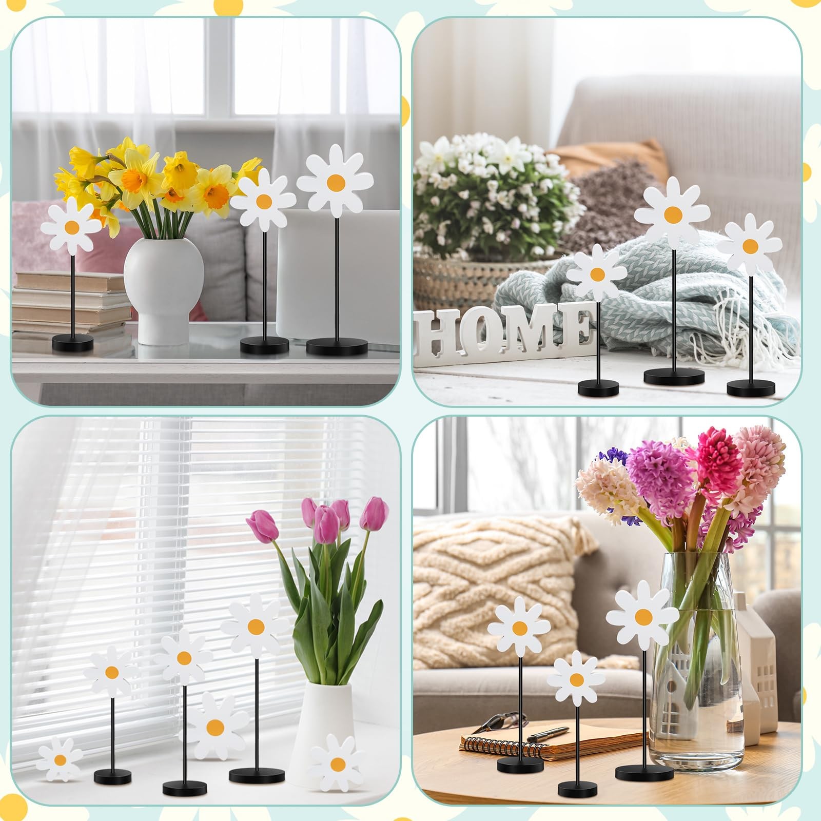 6 Pack Summer Daisy Table Decor Wooden Daisy Centerpieces Boho Floral Table D…