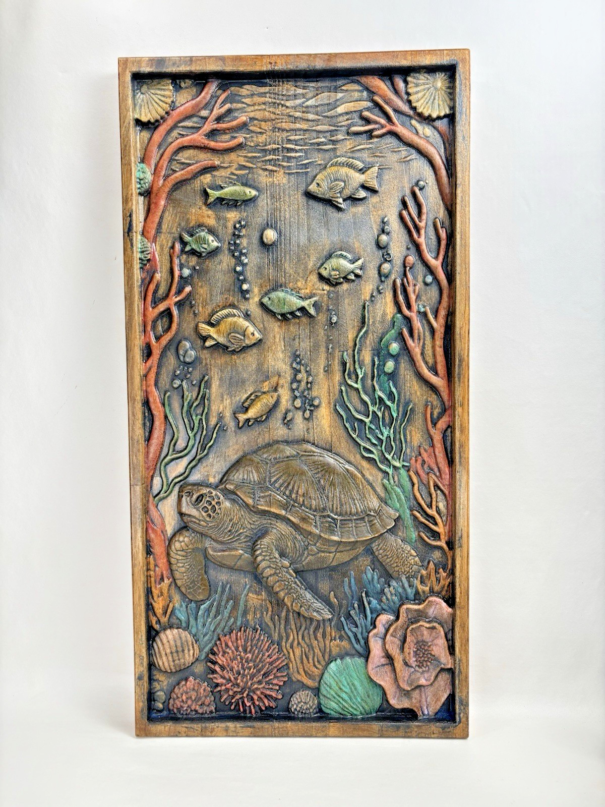 Under The Sea Life Turtle Fish Corals 3D Wood Carved Carving Wall Hanging Art