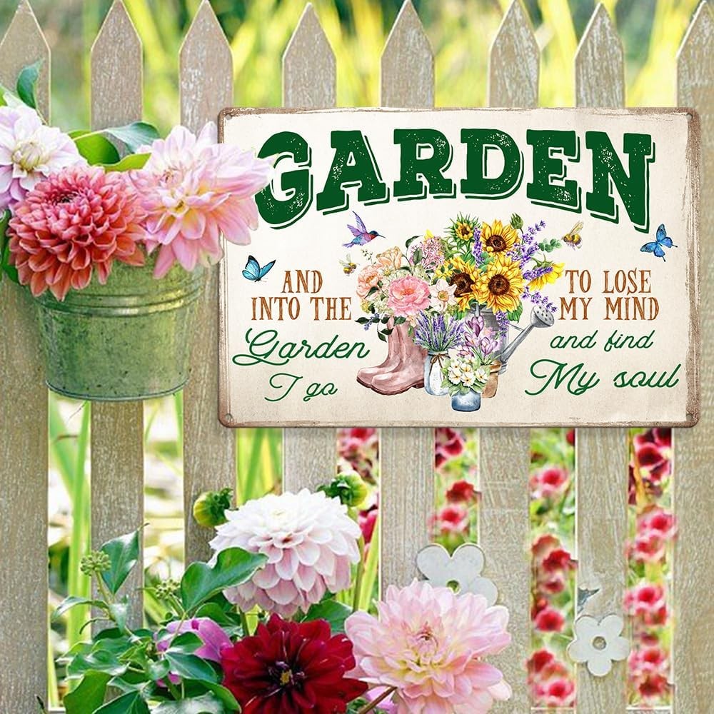 Garden Tin Metal Signs- ‘And Into The Garden I Go’ Outdoor Decor, Flowers Pla