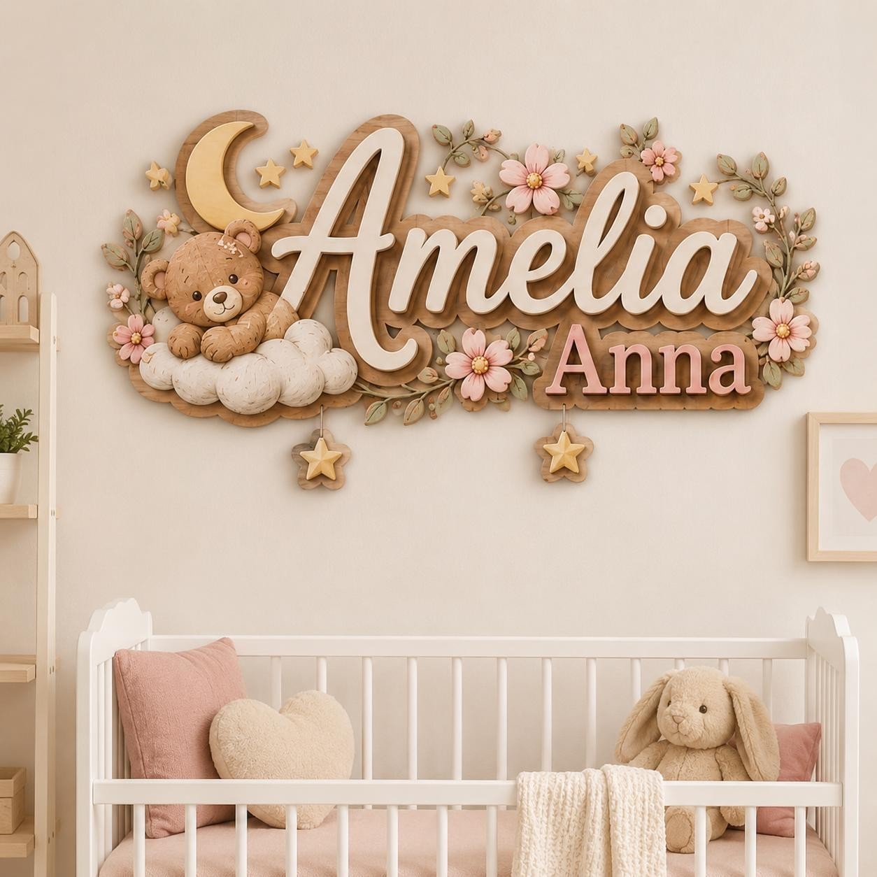 Personalized Teddy Bear Baby Name Sign, Custom Wooden Nursery Name Sign, 3D Moon