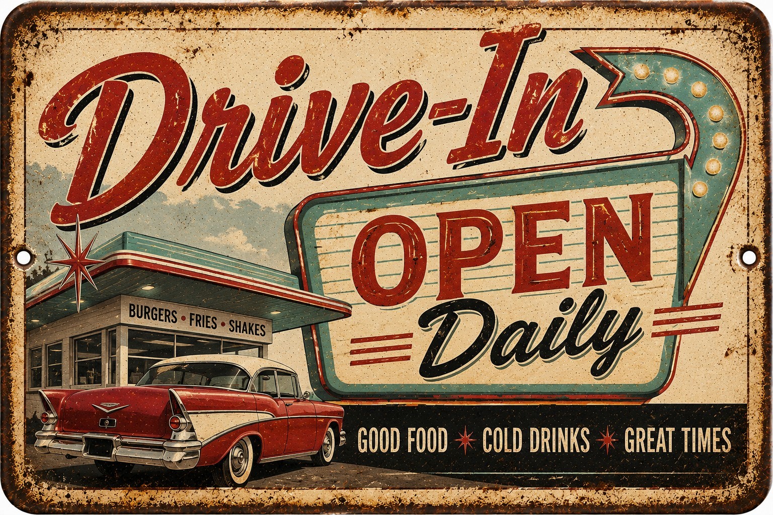 Drive-In Open Daily Retro Diner Sign Vintage 50s Restaurant Decor Classic 12×8
