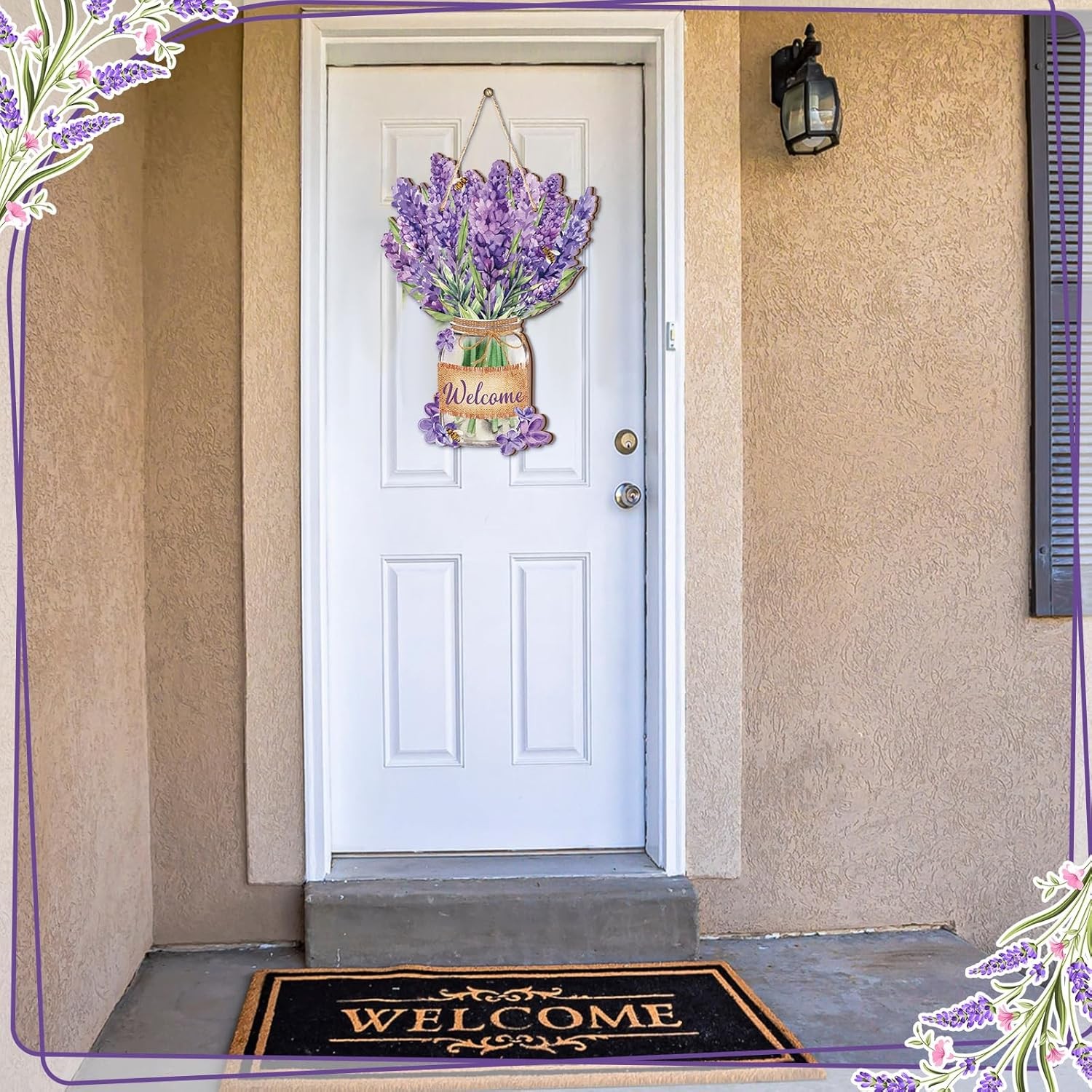 Spring Door Hanger Lavender Welcome Door Sign Hanger, Vintage Purple Flower Wrea