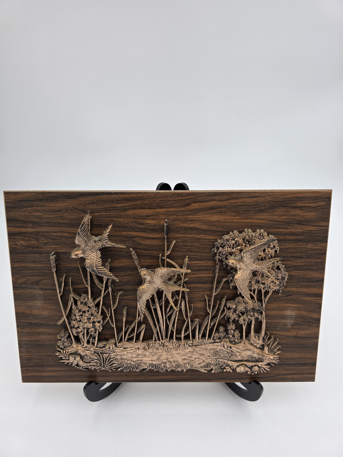 MCM Copper Nature Birds Wall Plaque Wood Grain Rectangular Hanging